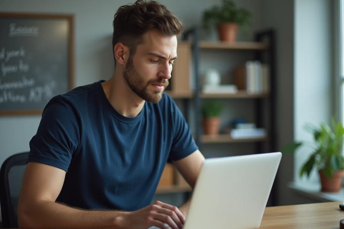 Homme consultant un site internet sur un ordinateur portable dans un bureau à domicile, illustrant l'accès sécurisé à une nouvelle adresse en ligne