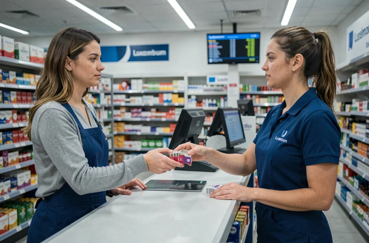 Femme achetant une cartouche de cigarettes à la caisse d'un magasin au Luxembourg avec affichage de prix