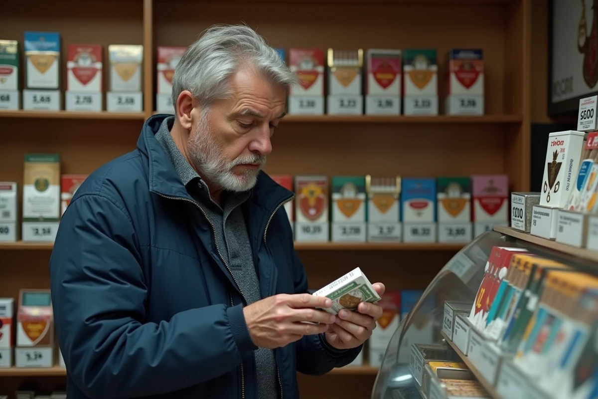 Un homme d'âge mûr examine une cartouche de cigarettes dans un bureau de tabac belge avec des étagères de paquets en arrière-plan