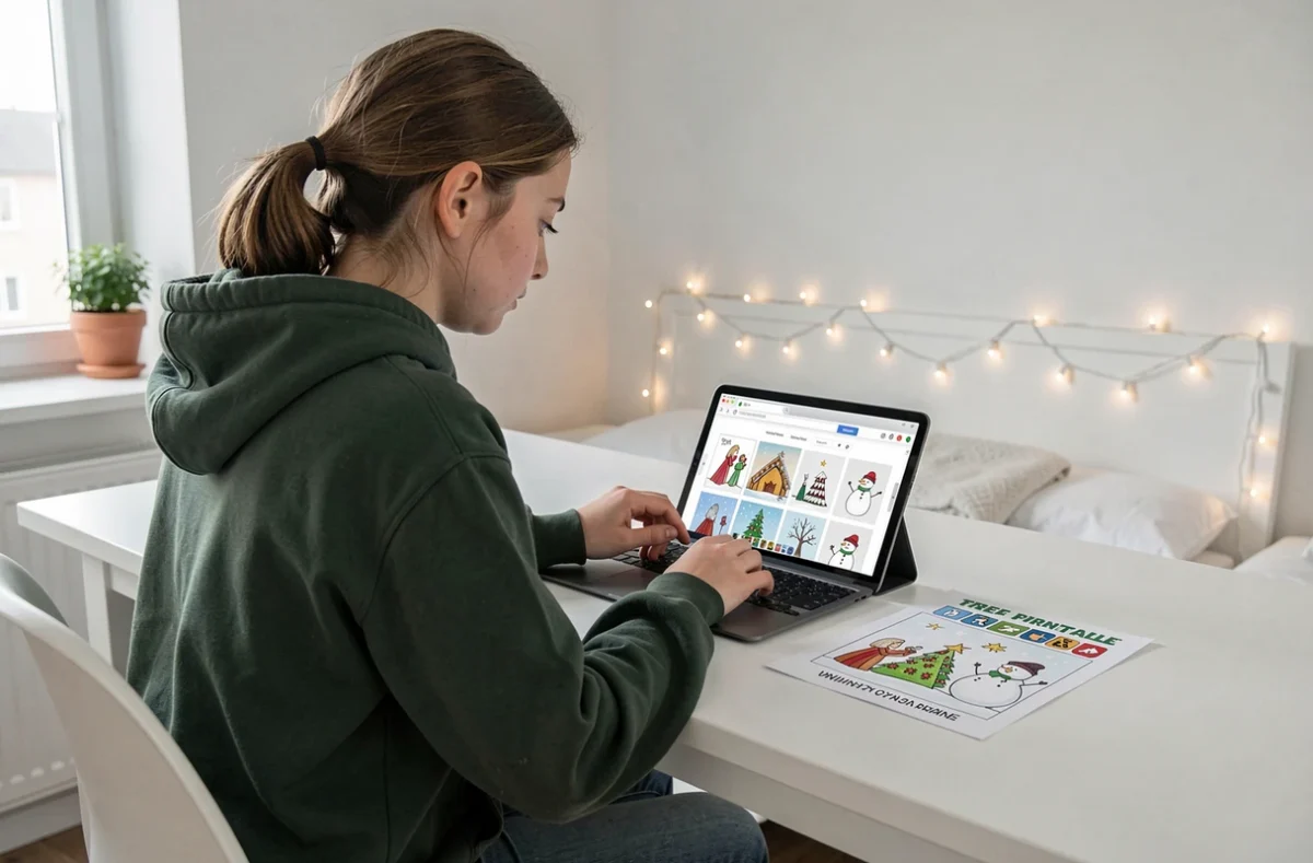 Adolescente parcourant des dessins de Noël gratuits à imprimer sur une tablette dans sa chambre