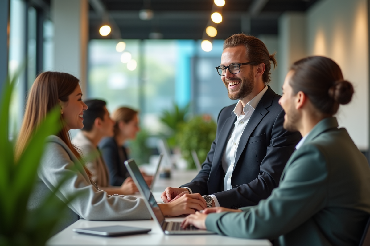 Conseiller bancaire souriant aidant des clients dans une agence moderne
