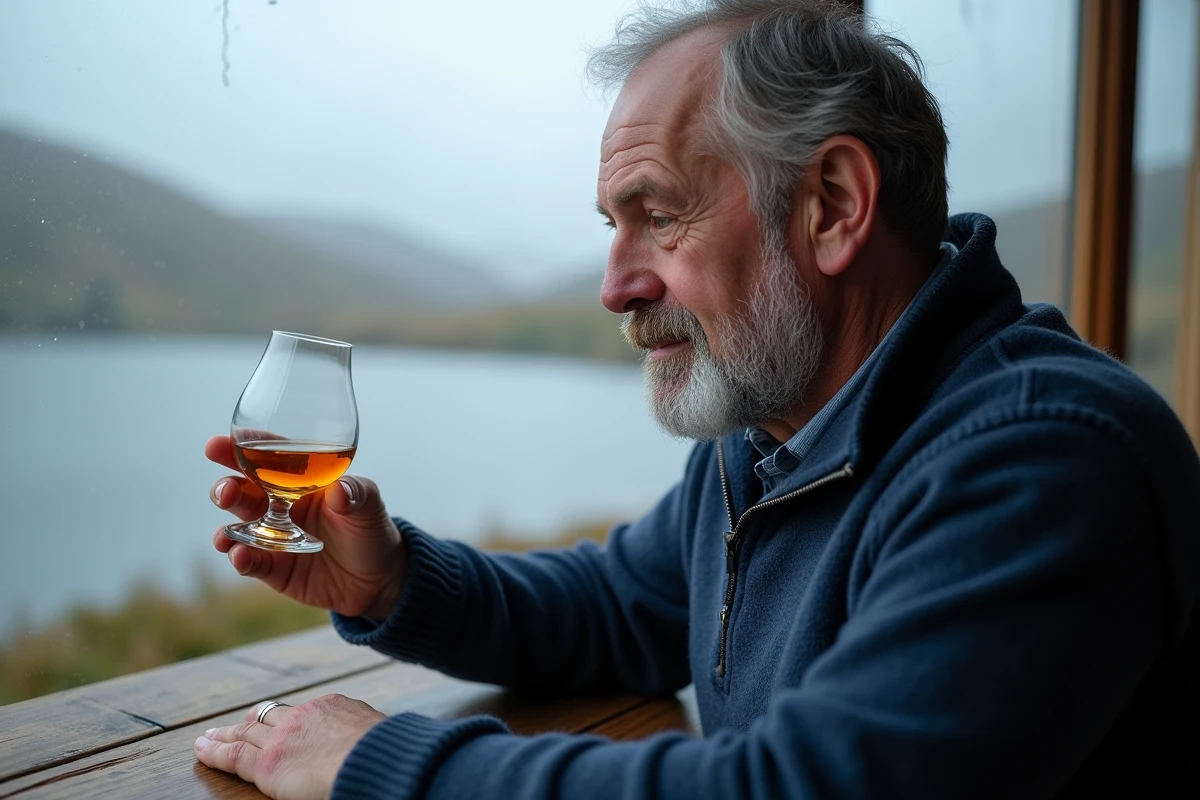 Homme barbu en pull marin tenant un verre de whisky écossais devant un loch brumeux, comparaison de whiskies à l'écossaise