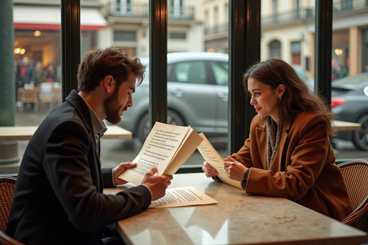 Deux amis dans un café parisien comparant les paroles françaises et anglaises de Elle me dit de Mika
