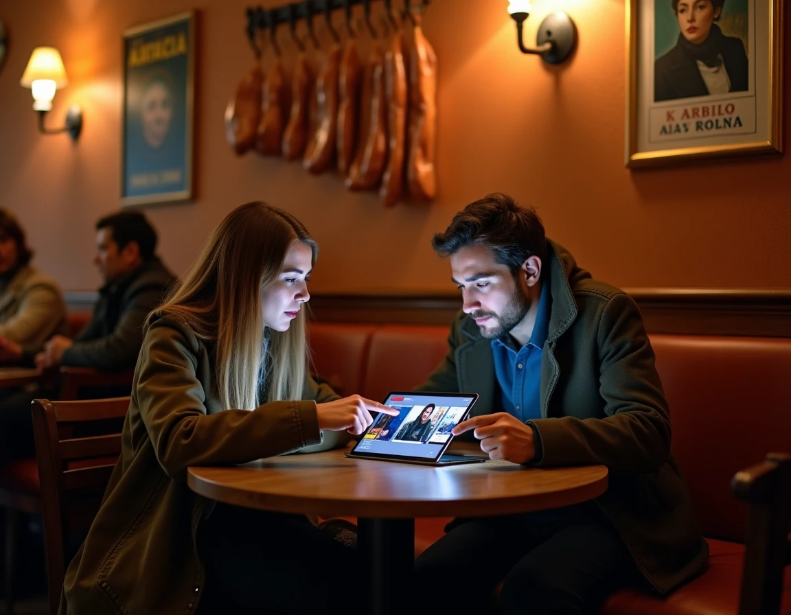 Deux amis discutant de leurs séries espagnoles préférées sur Netflix dans un bar de style madrilène