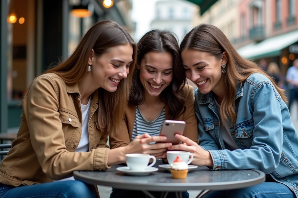 Groupe d'amis riant ensemble en regardant un GIF anniversaire personnalisé sur un smartphone à une terrasse de café