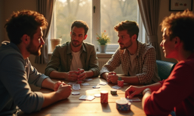 Quatre amis jouent aux cartes autour d'une table ensoleillée