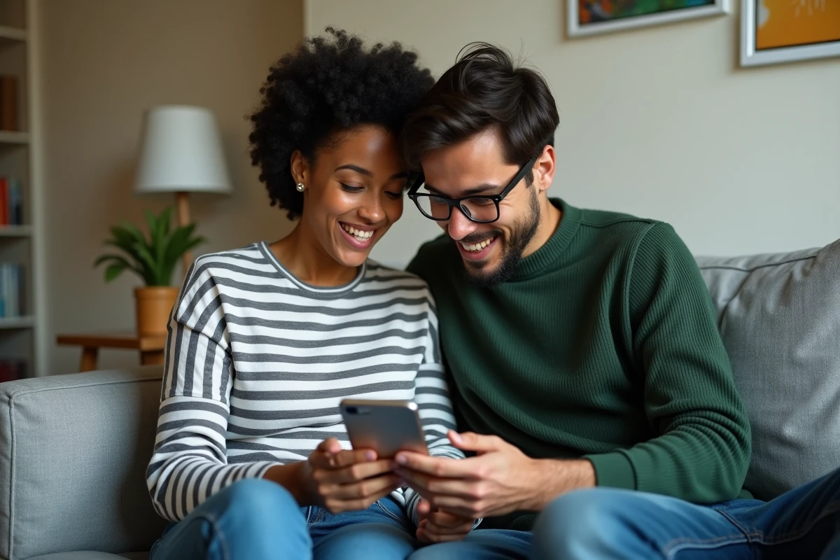 Deux amis partageant leur avis sur la qualité des scans manga sur smartphone dans un salon moderne, expérience de lecture communautaire