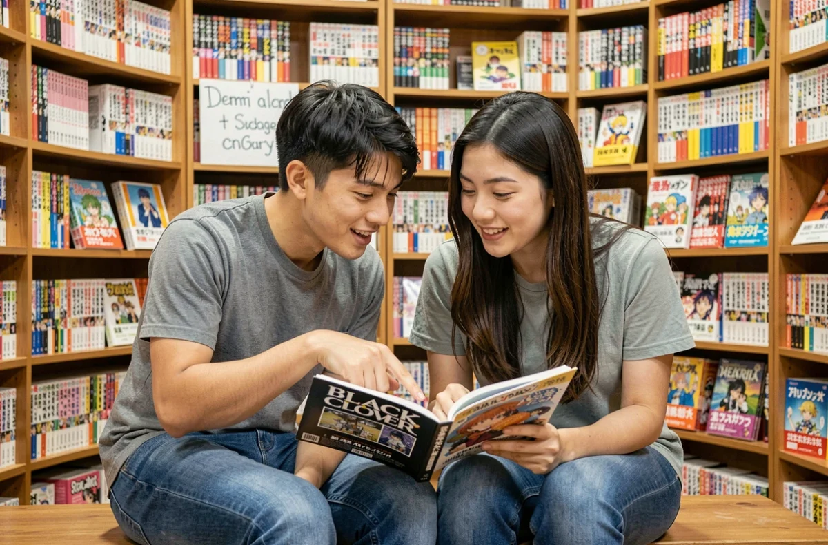 Deux amis dans une librairie manga découvrant ensemble l'ordre de lecture de Black Clover en feuilletant un volume ouvert