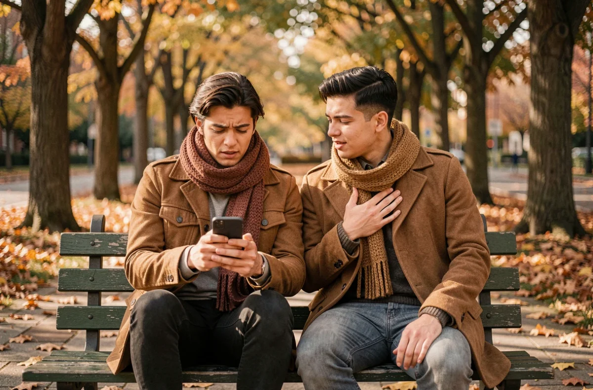 Deux amis assis sur un banc de parc en automne, partageant une citation inspirante sur un téléphone avec une émotion sincère