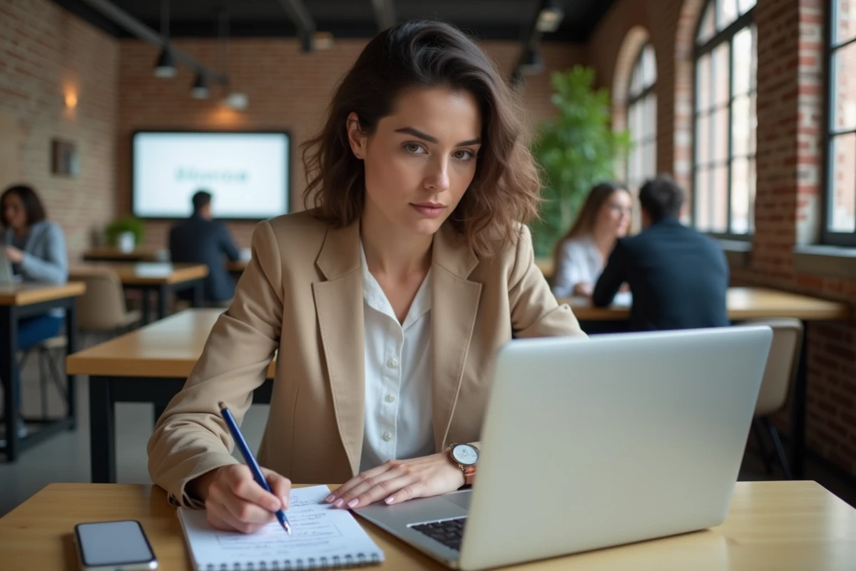 Jeune professionnelle analysant un site web suspect dans un espace de coworking, représentant la cybersécurité au quotidien