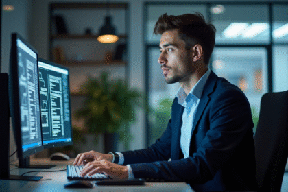 Jeune analyste cybersécurité au bureau avec écrans complexes