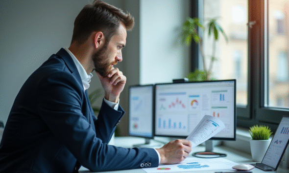 Professionnel analysant des données sur un bureau lumineux