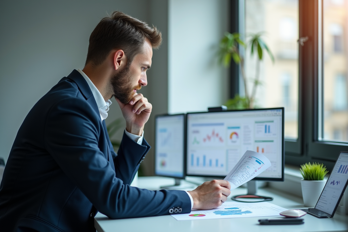 Professionnel analysant des données sur un bureau lumineux