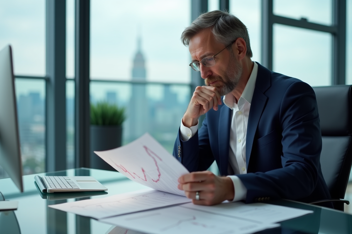 Analyste financier en costume bleu examine une courbe de rendement