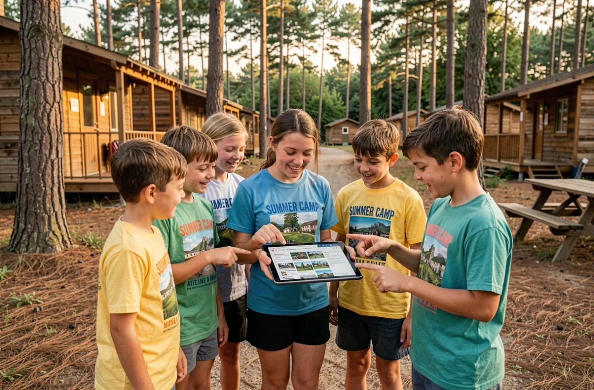 Animatrice de colo partageant des photos de projets en ligne avec un groupe d'enfants autour d'une tablette en plein air