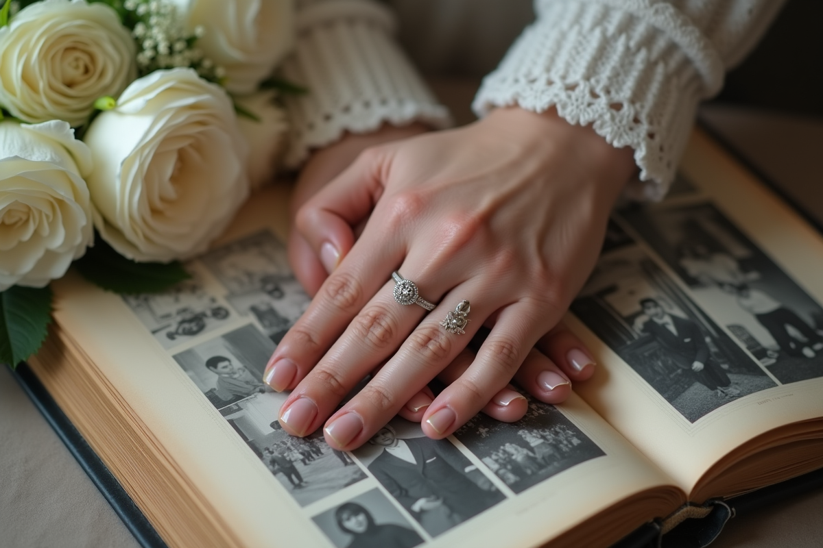 Mains avec alliances sur album de photos anciennes et roses blanches
