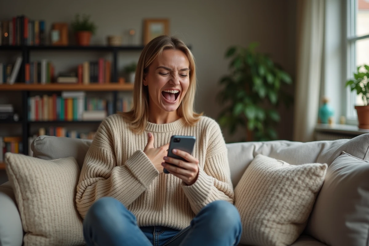 Femme d'anniversaire qui rit en lisant un message humoristique sur son téléphone dans son salon