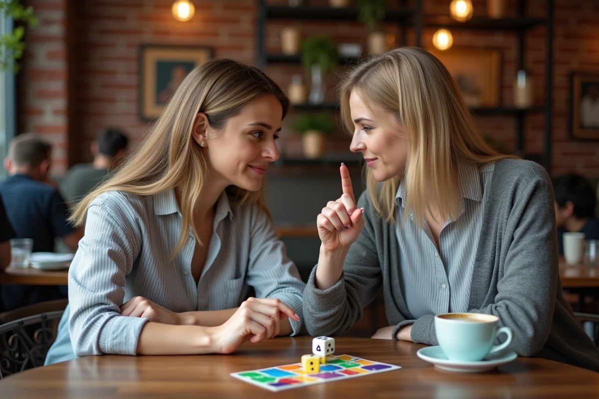 Deux femmes apprenant les combinaisons du 421 avec une carte de référence visuelle dans un café