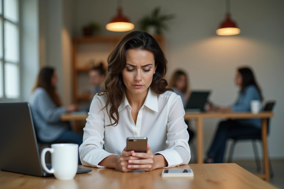 Femme artiste dans un espace de coworking regardant son smartphone