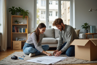 Deux jeunes adultes assemblent un meuble dans un appartement moderne