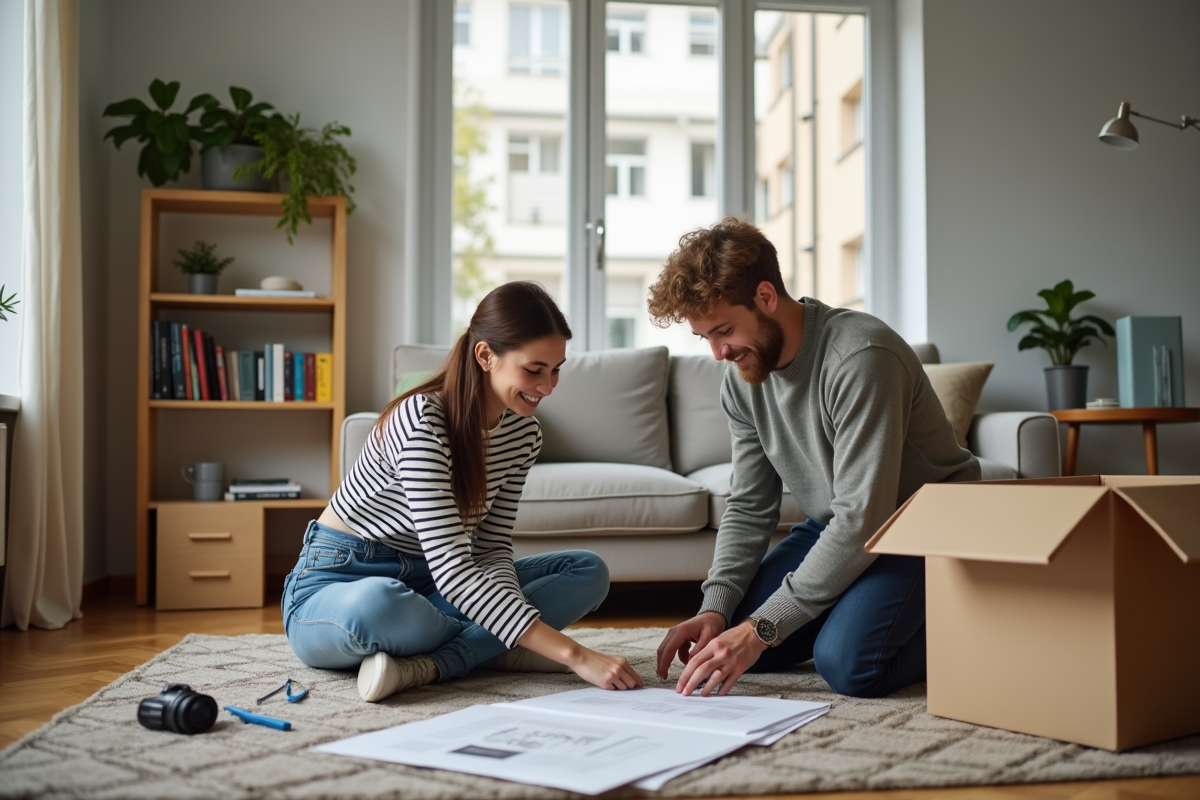 Deux jeunes adultes assemblent un meuble dans un appartement moderne