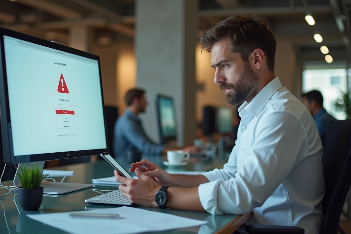 Avocat consultant un message d'erreur de connexion sur son écran d'ordinateur dans un espace de coworking professionnel