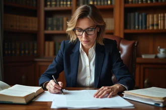 Avocate examinant des documents juridiques liés aux droits d'auteur dans un bureau parisien