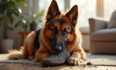 Chien berger allemand mâle à poil long mordant une chaussure dans un salon lumineux