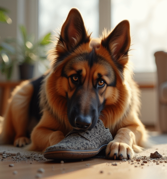 Chien berger allemand mâle à poil long mordant une chaussure dans un salon lumineux