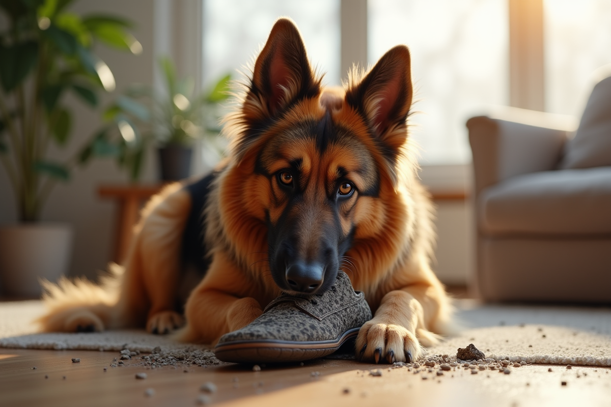 Chien berger allemand mâle à poil long mordant une chaussure dans un salon lumineux