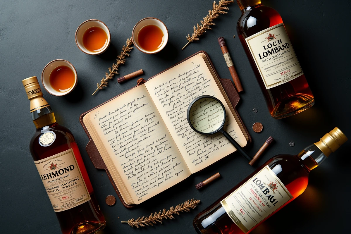 Vue aérienne de bouteilles de whisky écossais dont le Loch Lomond entourées de notes de dégustation manuscrites et d'accessoires vintage sur ardoise