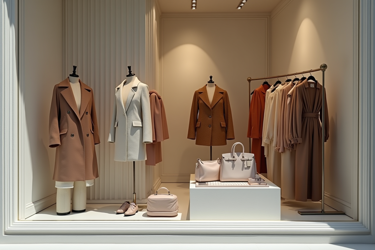 Vitrine minimaliste avec vêtements de luxe en lumière naturelle