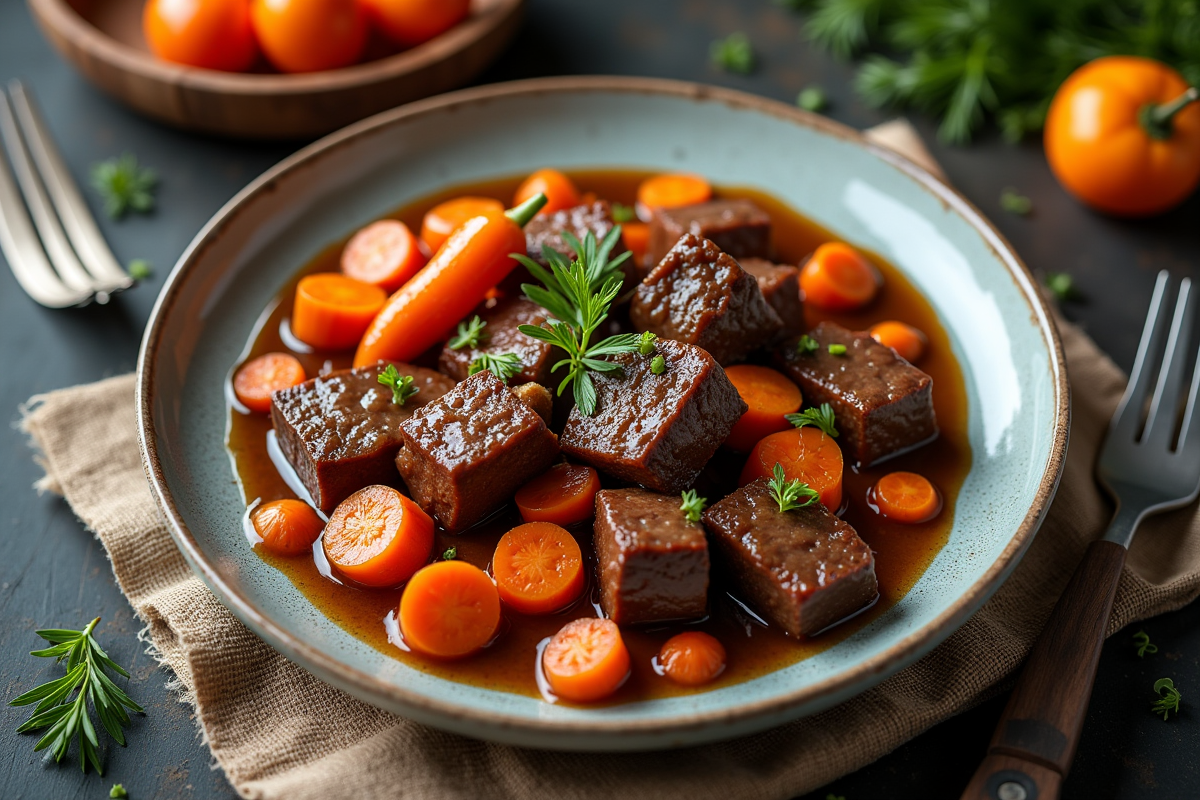 Plat de bœuf carottes présenté sur une assiette moderne