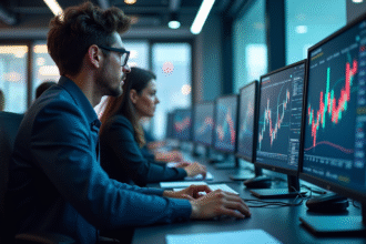 Bureau financier moderne avec professionnels analysant des graphiques numériques