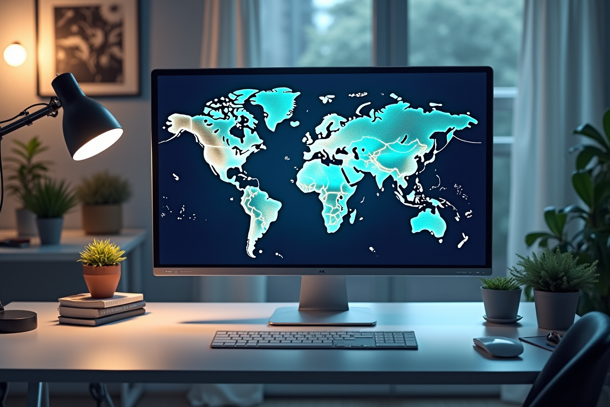Bureau moderne avec écran affichant une carte du monde