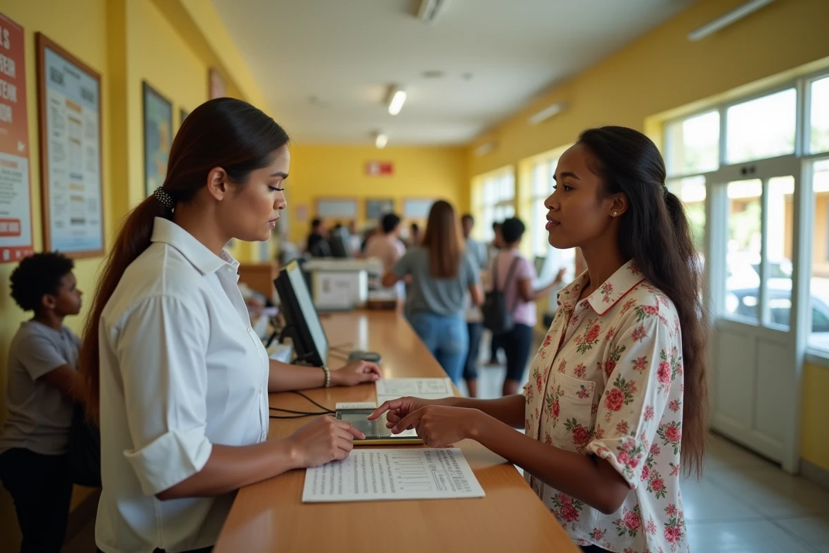 Femme mauricienne consultant un tableau de codes postaux au guichet d'un bureau de poste à Port Louis
