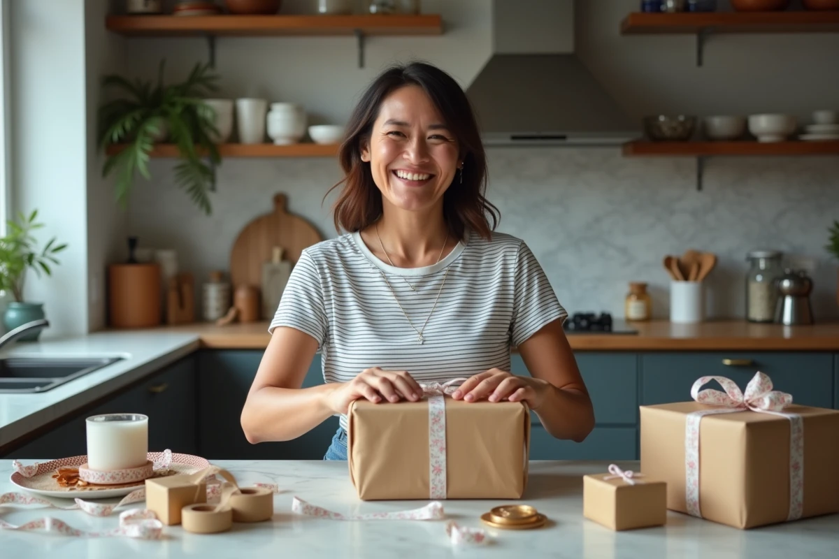 Femme emballant un cadeau d'anniversaire humoristique de manière comique dans une cuisine avec une expression espiègle