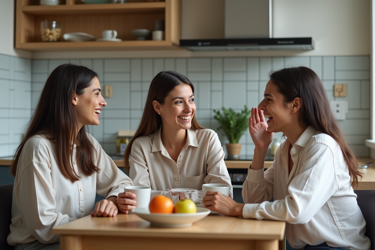 Trois colocataires rient autour d’un café dans la cuisine