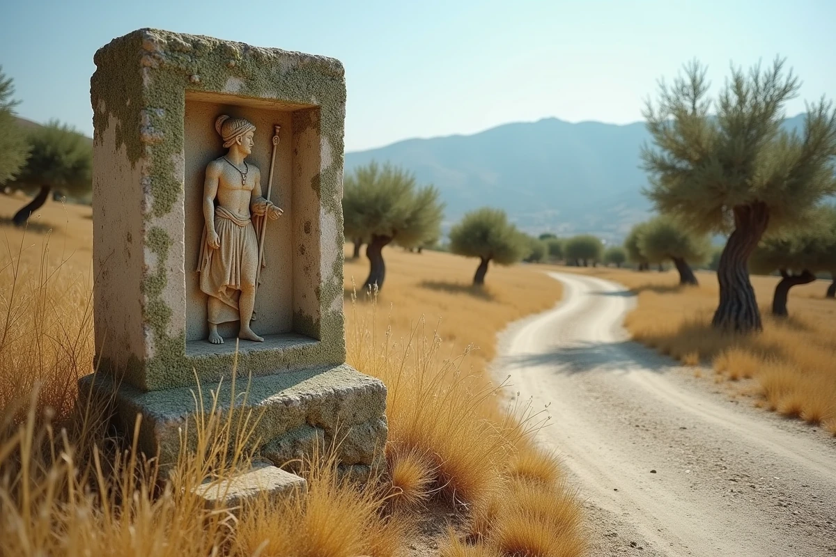 Monument antique de carrefour sculpté à l'effigie d'Hermès dans un paysage rural grec traditionnel