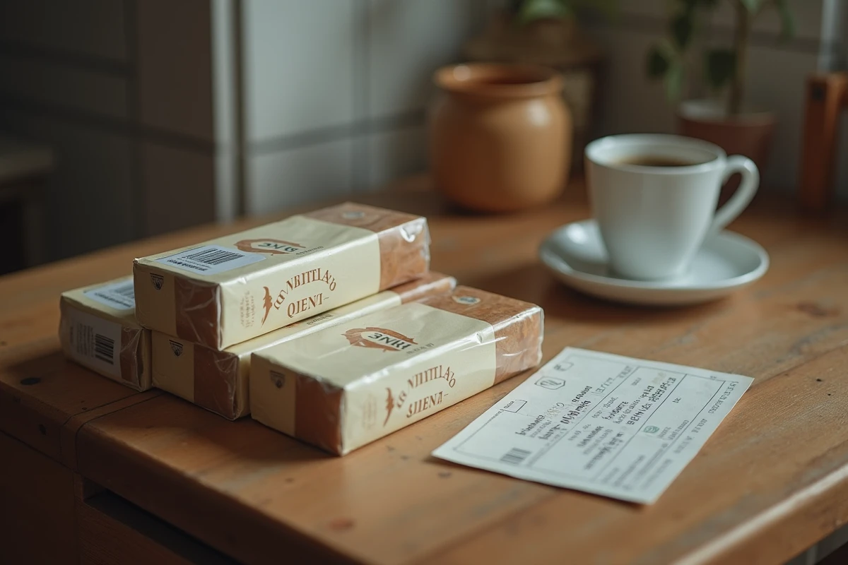 Vue de dessus de cartouches de cigarettes avec un document d'identité belge et une note de prix en euros sur une table en bois