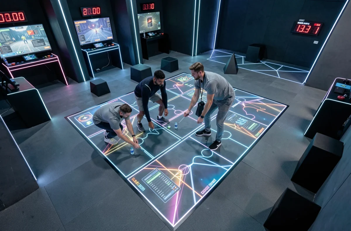 Équipe de joueurs sur une arène interactive high-tech dans le Challenge Arena de Nantes