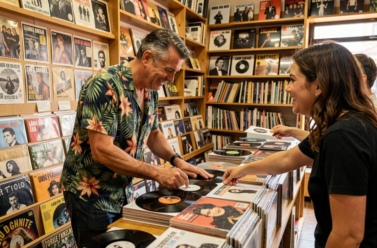 Chanteur brésilien dédicaçant des disques à ses fans dans un magasin de disques parisien