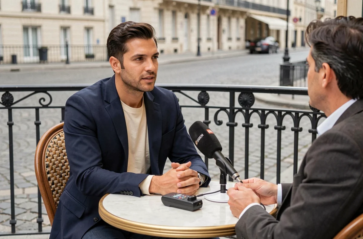Chanteur brésilien accordant une interview dans un café parisien en terrasse