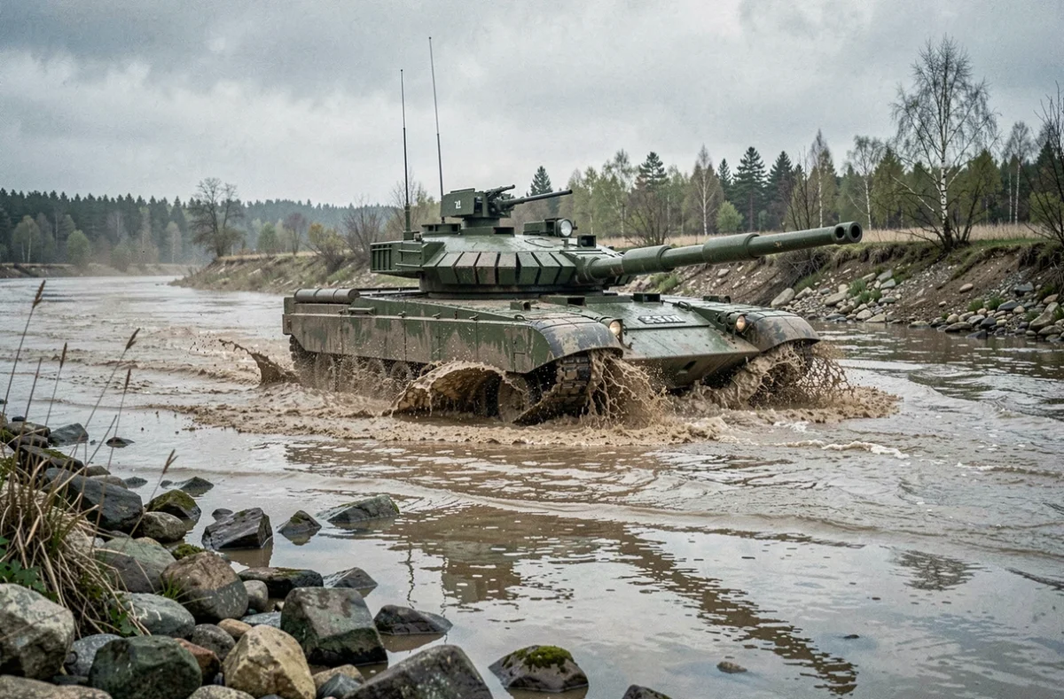 Char Leclerc franchissant un gué boueux lors d'un exercice de combat, projection de boue et d'eau autour des chenilles illustrant les contraintes de mobilité en terrain difficile