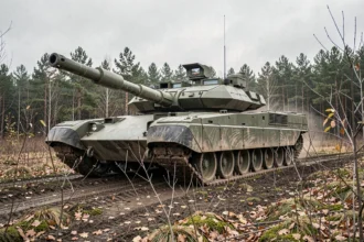 Char Leclerc positionné en lisière de forêt lors d'un exercice tactique, vue grand angle au ras du sol mettant en valeur l'armure composite et les traces d'usure réalistes