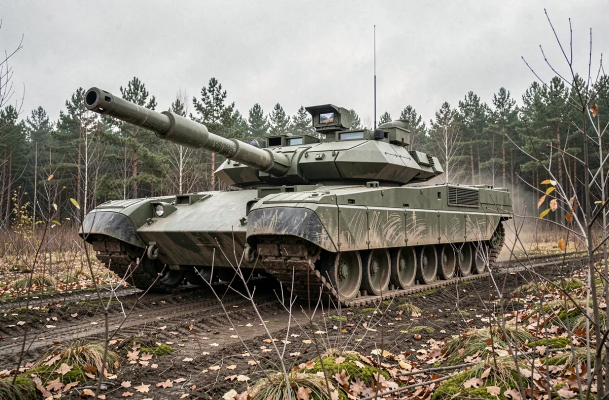 Char Leclerc positionné en lisière de forêt lors d'un exercice tactique, vue grand angle au ras du sol mettant en valeur l'armure composite et les traces d'usure réalistes