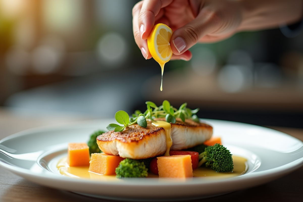 Chef versant sauce citron sur un filet de poisson