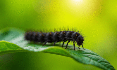 Chenille noire sur une feuille verte en jardin ensoleille