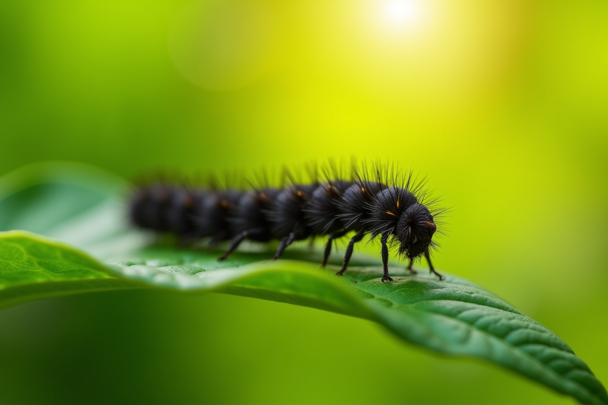 Chenille noire sur une feuille verte en jardin ensoleille