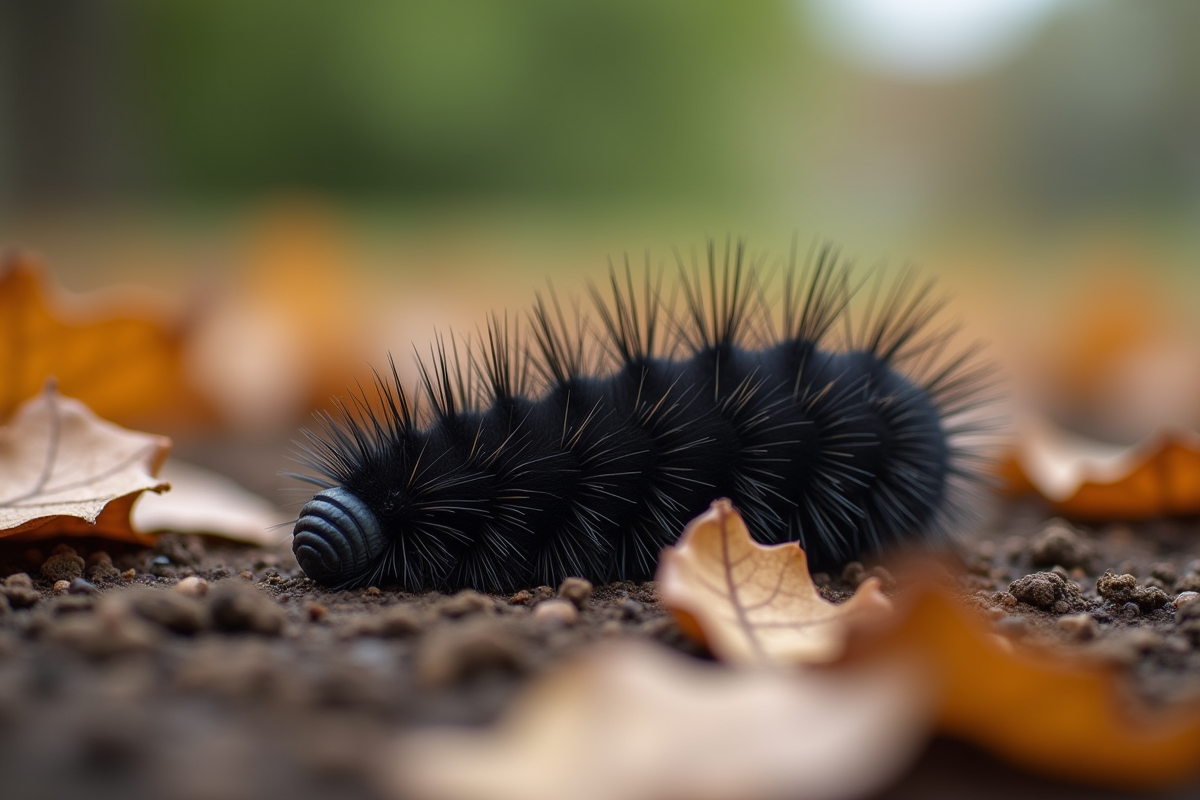 Chenille noire sur sol avec feuilles mortes dans le jardin